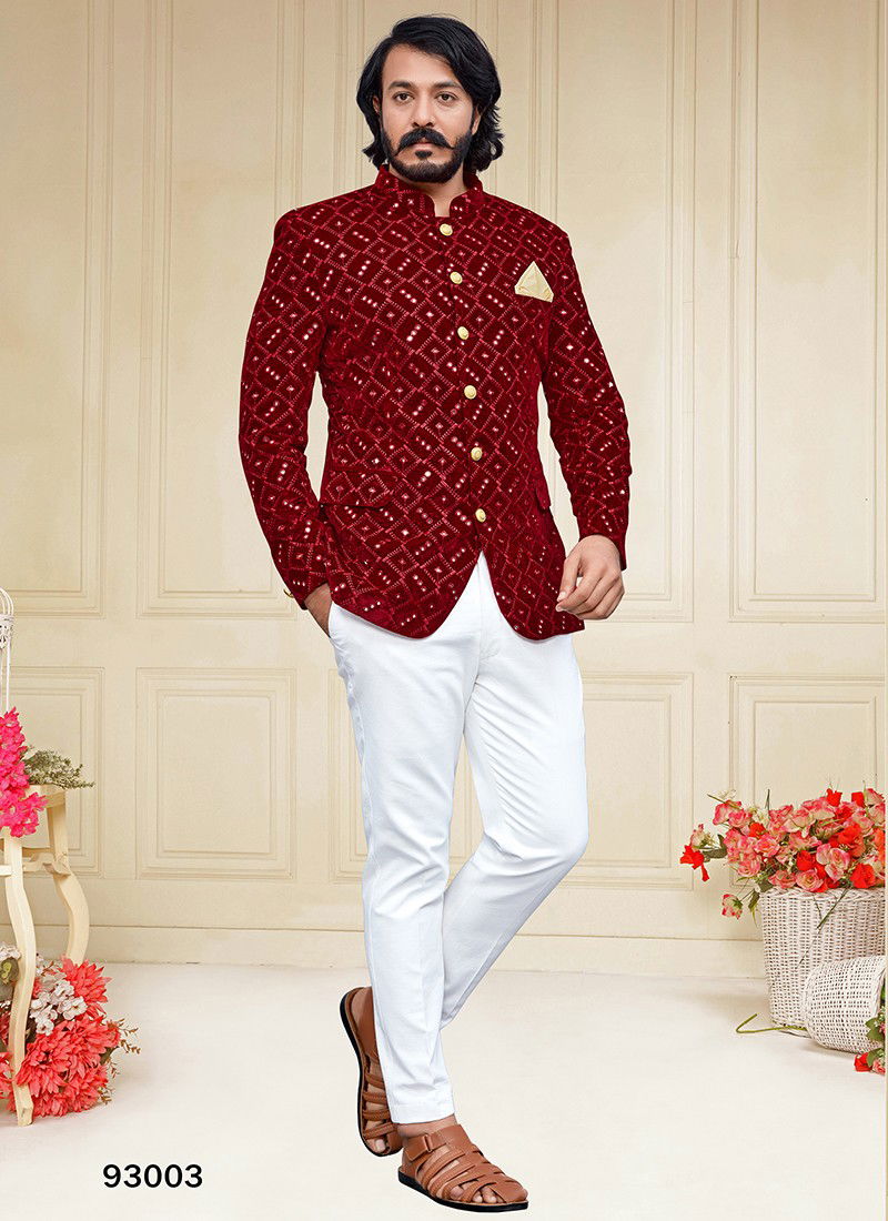 Maroon Colour Outluk Vol 93 New Designer Party Wear Velvet Jodhpuri Suit Collection 93003